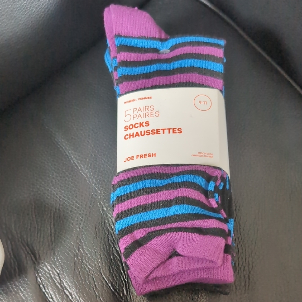 Sz 9-10: Girls Joe Fresh Purple and Blue Striped Socks - 5 Pairs